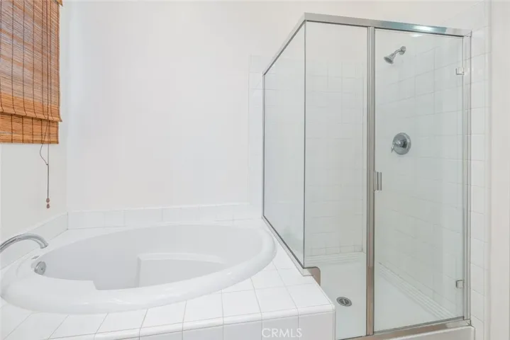 The primary bathroom features a large shower with a glass door and a deep bathtub.