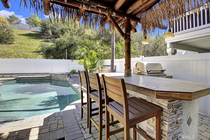 Backyard, built in BBQ - Thatch has been removed on the patio cover since these photos were taken