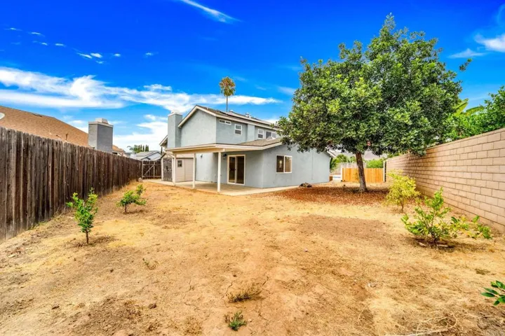 Large private, pie shape back yard with multiple young fruit trees.