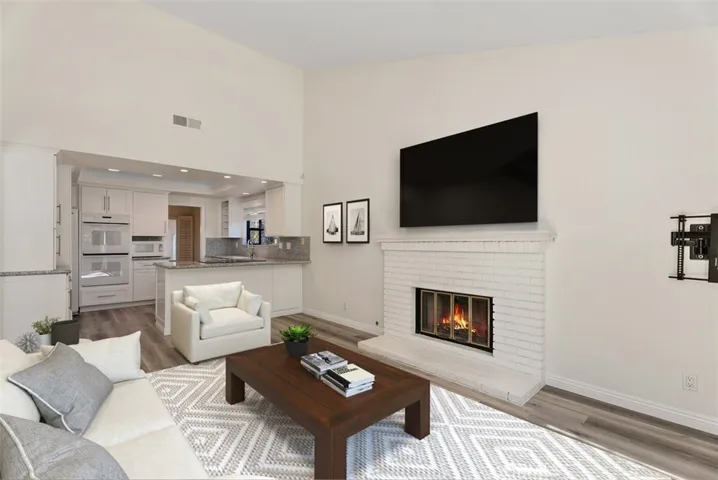 Spacious family room with fireplace.