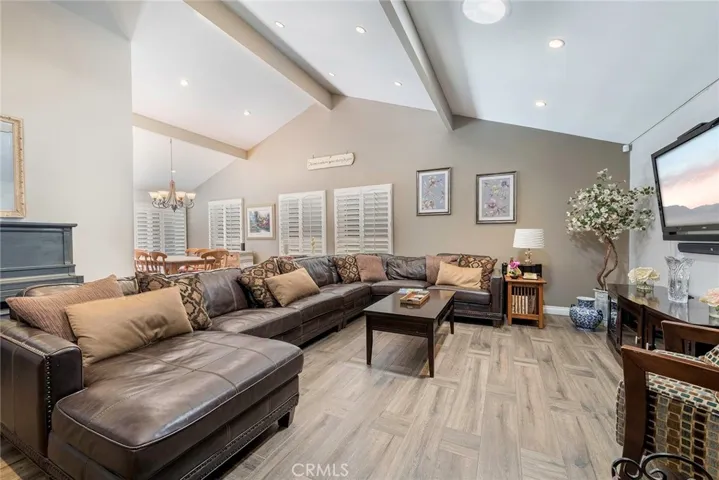 Living room with plantation shutters.