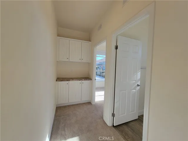 Hallway to the guest bath and bedroom with linen storage to boot!