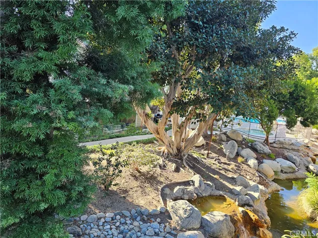 View of community interior of trees, streams and landscaped area from balcony.
