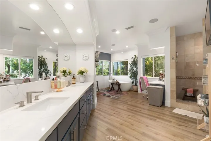 Master bath with quartz counters, large freestanding bathtub, spacious walk-in closet, and walk-in shower.