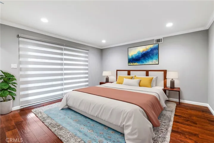 The gorgeous flooring, Zebra Shades & Recessed lighting are real.. It's the headboard, art, bedding & rug that may suit your virtual fancy... or not... but that's the great thing about virtual staging - ideas without spending the money