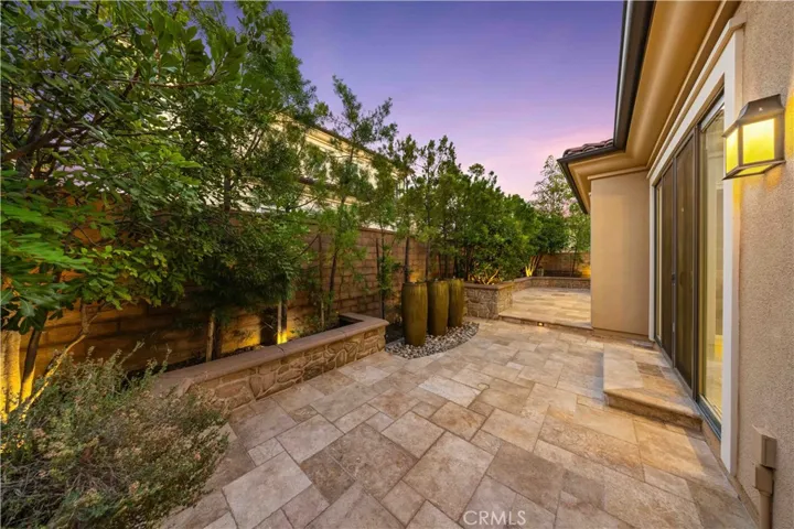 Outdoor artscape space with water fountains and fireplace