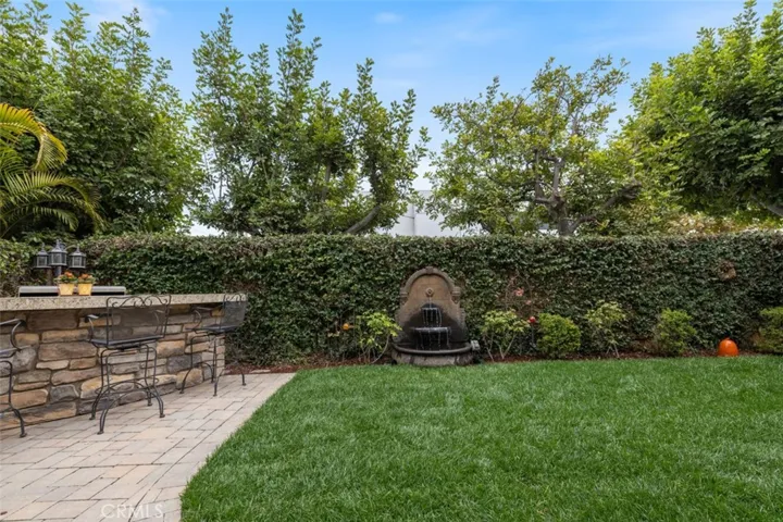 Backyard with built-in BBQ and flowing fountain.