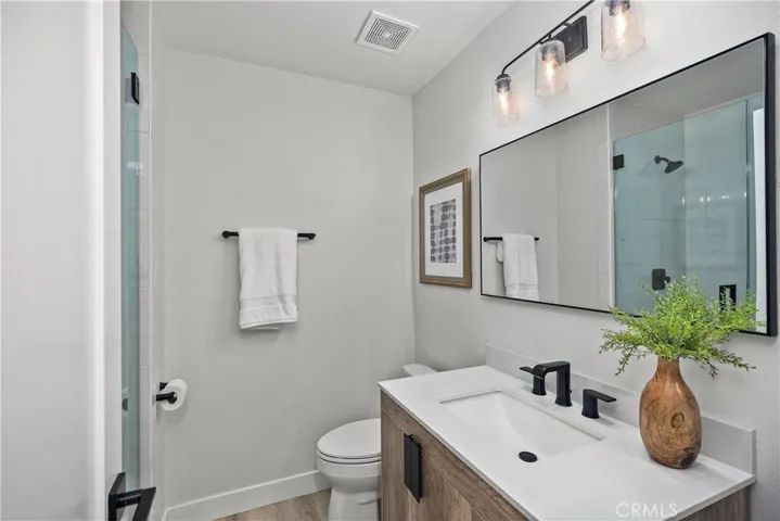 Remodeled downstairs bathroom with walk-in shower.