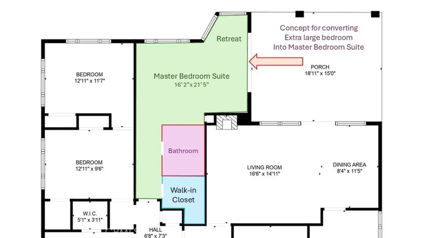 Concept to modify Large Bedroom into a Master Suite with walk-in closet, private bath and retreat