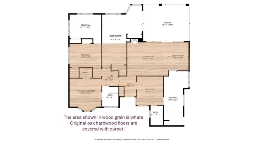 Areas where original oak hardwood floors is covered with carpet.