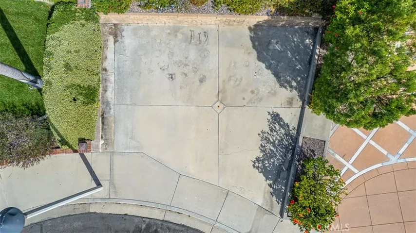 Overhead view of the basketball area in the front yard