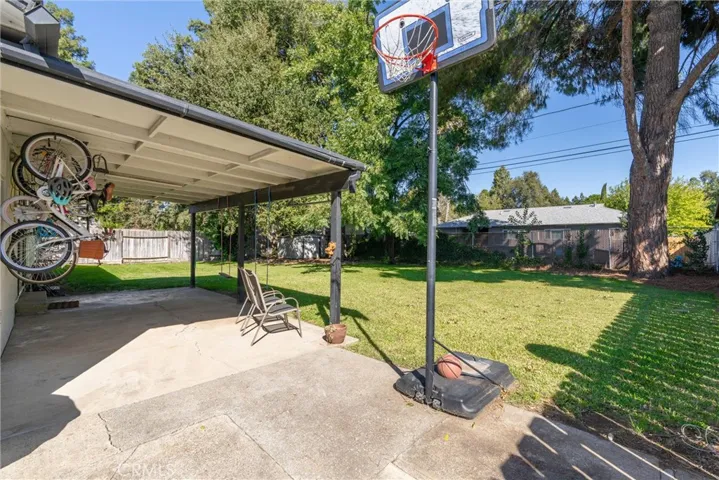 Covered patio and backyard