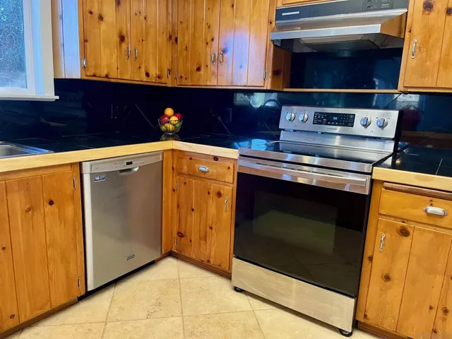 Beautiful stainless steel range and dishwasher.