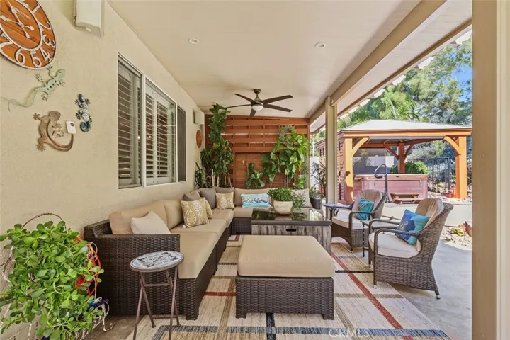 Alumawood patio cover with fans.