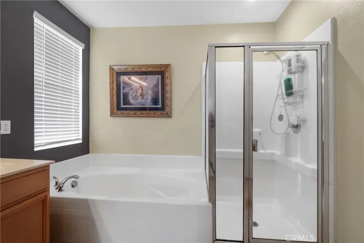 large roman tub and separate shower in primary suite