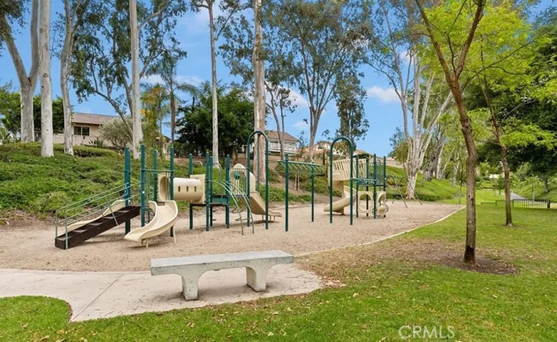 HOA playground among a canopy of trees.