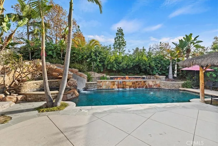 Pool Waterslide, Waterfall, Firebed & Palapa
