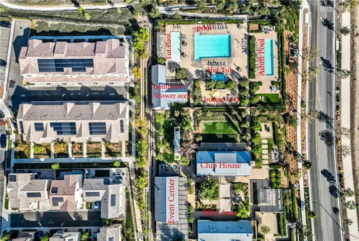 Drone shot with text of 1 of the Bedford public areas within walking distance to your new home!