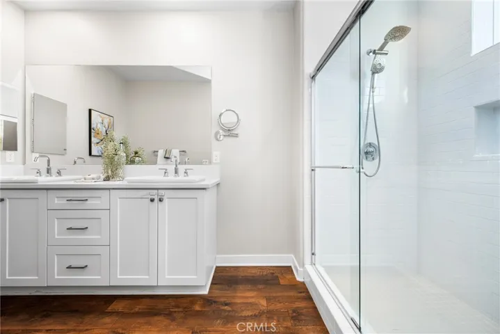 A bright, walk-in shower
