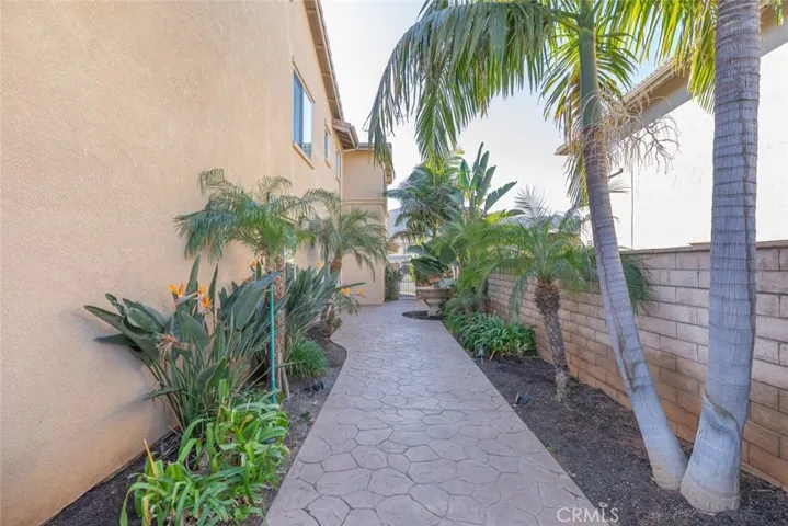 Walkway lined with tropical plants and vibrant landscaping.