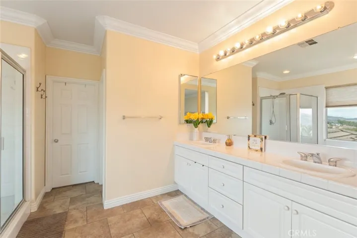 A spacious primary bathroom with dual sinks, a large vanity, a walk-in shower, with plenty of natural light.