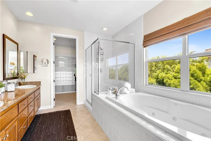 Primary ensuite and walk in closet with built-in closet organizers.