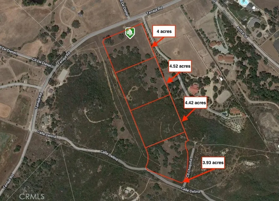 4 Legal Parcels parcel  1-4 starting  from  top "Tenaja  Road"  Note Useable  with  oaks  on parcels 1,2  and  4   Incredible  views  from parcel 3!