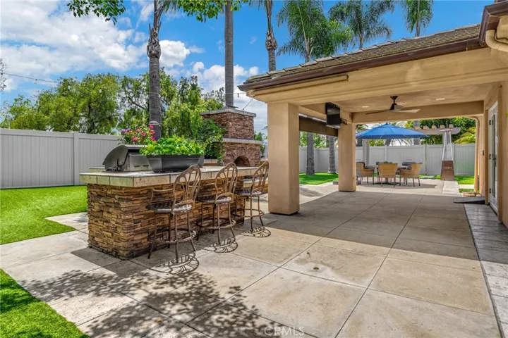 Covered Patio with TV, Speakers, Recessed Lights and Ceiling Fan. Fireplace and BBQ Island.