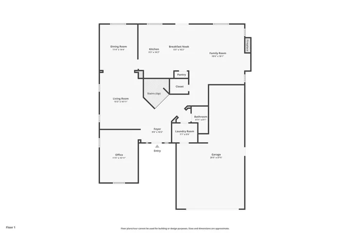 Floor plan of 1st story with approximate room dimensions