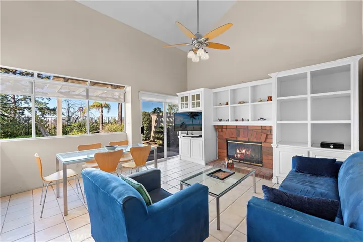 Flame in fireplace is staged.