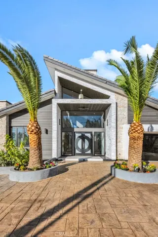 Gorgeous Curb Appeal with Twin Palms, Stacked Marble Stone Siding, Raised Planters, and an Exquisite Double Entry Door