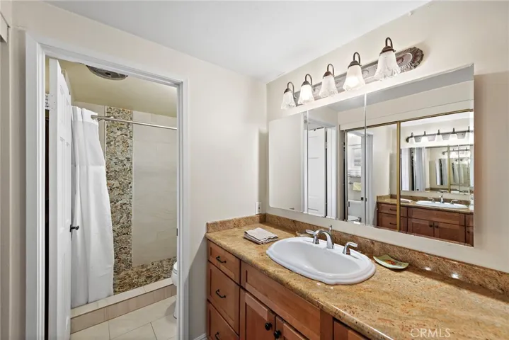 Primary bathroom with remodeled shower