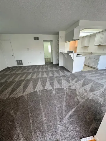 Enter into the unit where the living room, dining room and kitchen all come together.