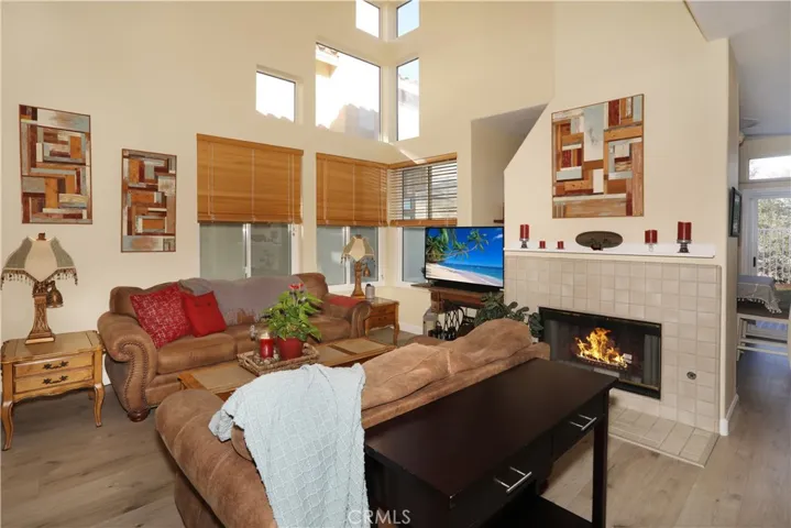 Living room, fireplace, lots of windows and natural light