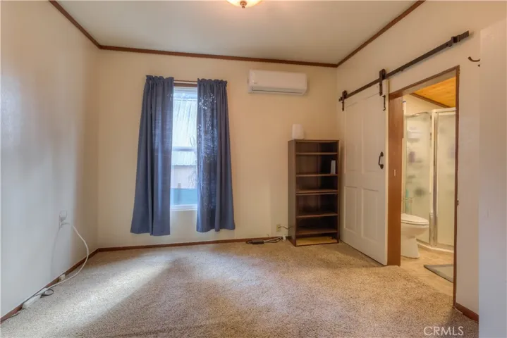 Bedroom downstairs.  View showing the entrance into the down stairs bathroom with the walk in shower.