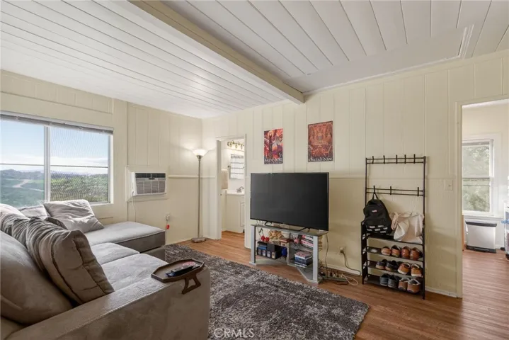 This ADU has great views too! This view of the living room shows the door to the kitchen (right) and the door to the bathroom (left).