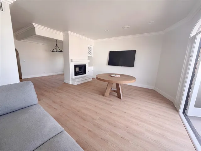 Living room view to see through fireplace and dining room