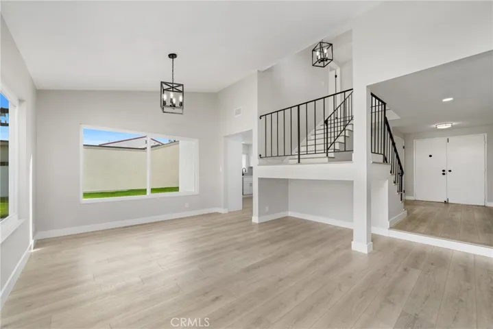 Dining room with high ceilings.