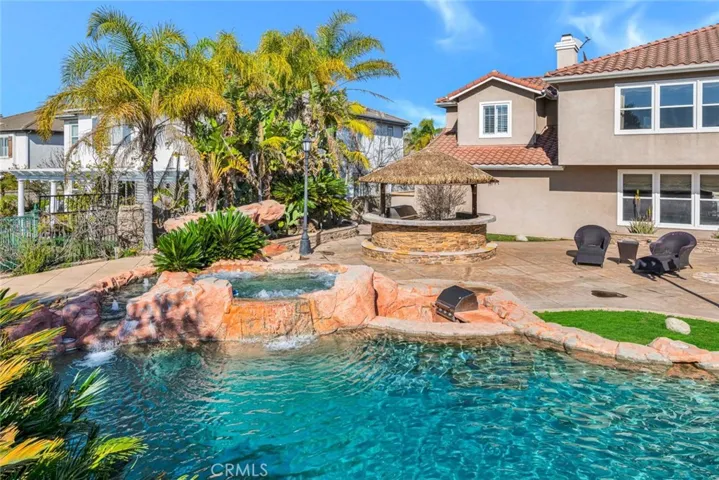 Another view looking towards the outdoor kitchen. Behind the small sago palms is the smaller waterfall that feeds into the pool. Check out the short video that shows the functions of the pool.