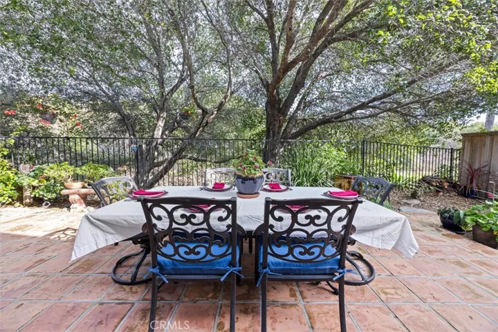 Welcome to the back yard! Sheltered by mature oaks, the patio overlooks the serene creek below.