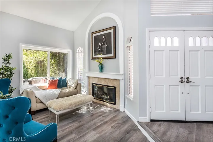 Double door entry and fireplace