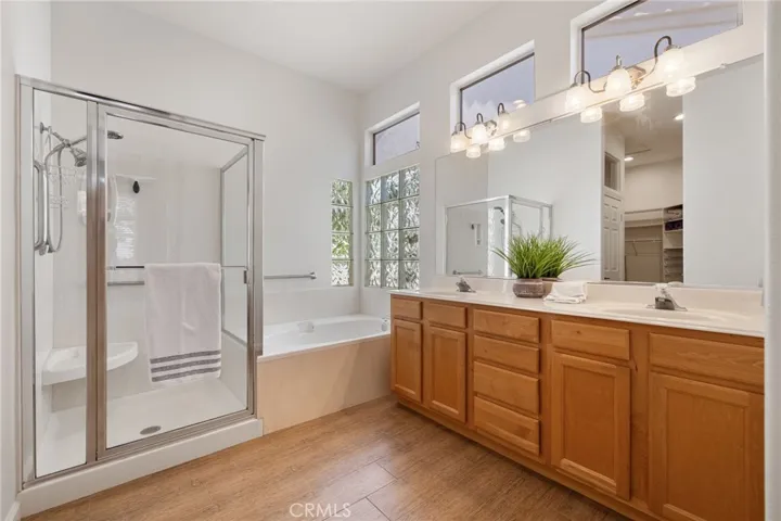 Primary bathroom with double sinks.
