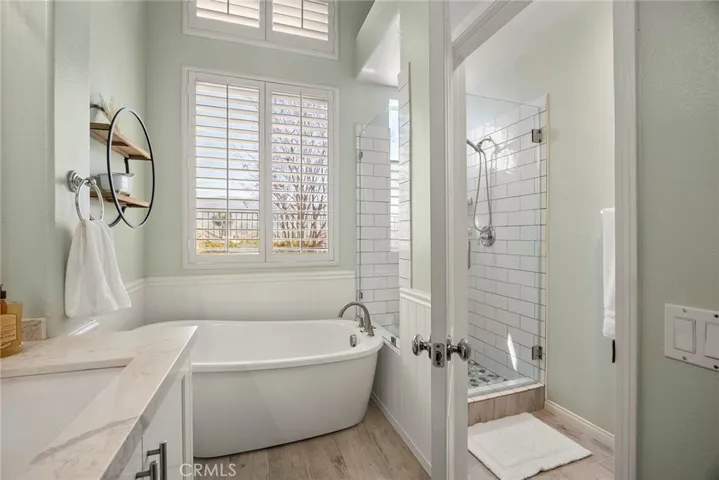 Primary en suite bathroom with walk-in closet.