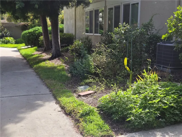 Lovely planted garden looking toward parking area