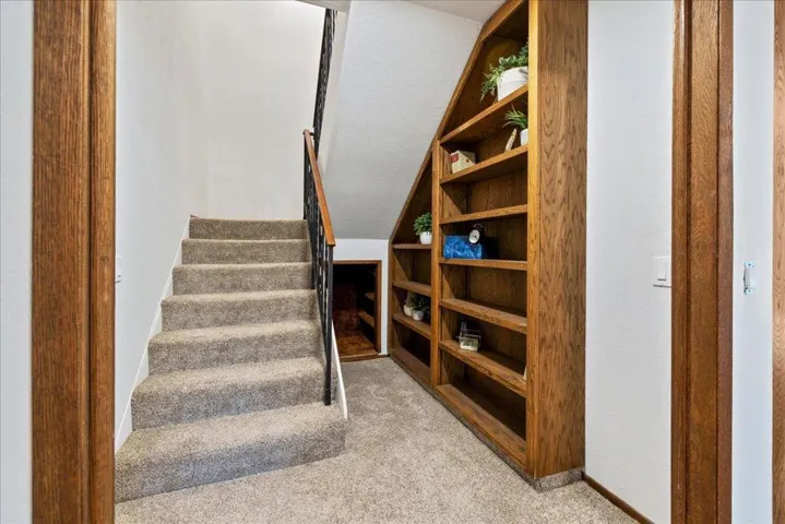 Stairs with Hall Bookshelf and 'Super Secret' Lighted Carpeted Cave Hiding Space :)