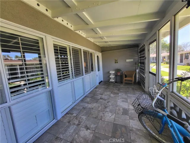 View from end of patio towards front door.
