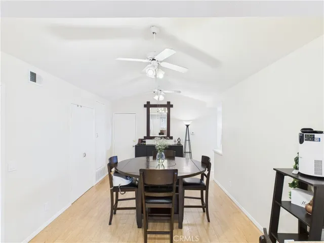 Large dining area with double door, deep storage pantry