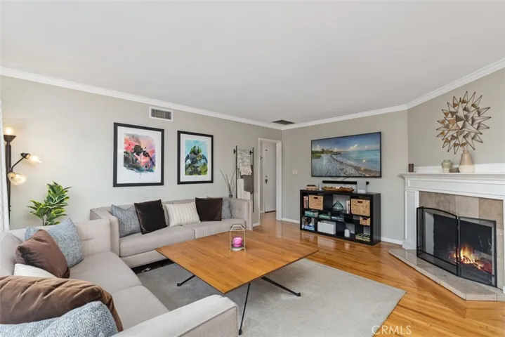 Living room with a wood-burning fireplace