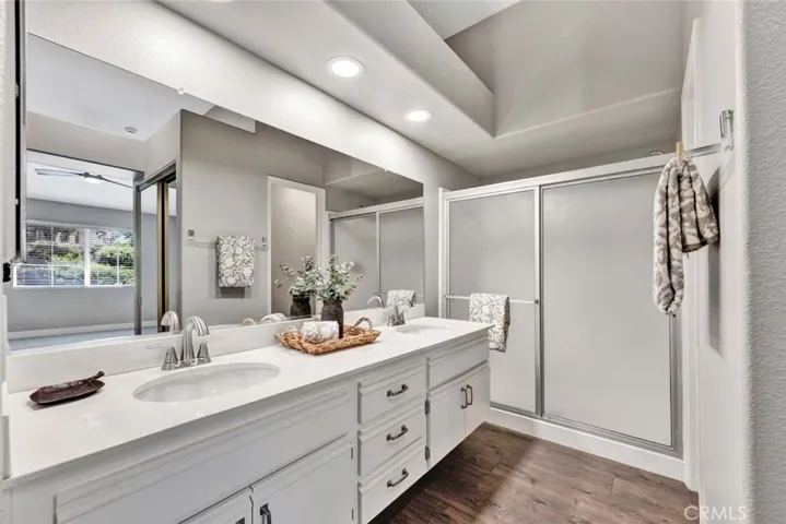 Primary bathroom with dual sink vanity