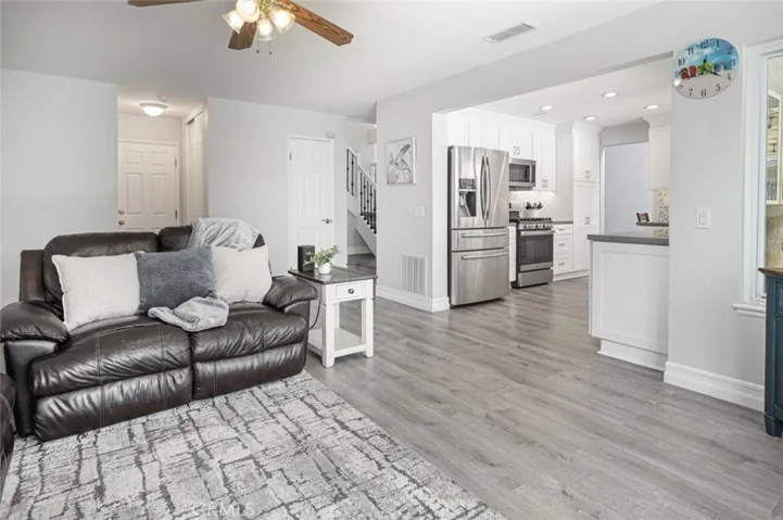 The family room leads into the kitchen